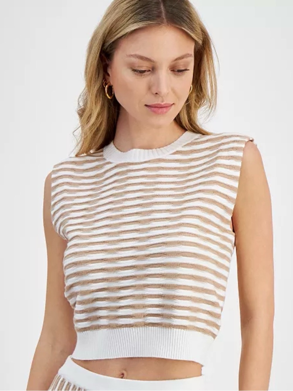 Lucy Paris White and Beige Striped Sleeveless Knit Tank